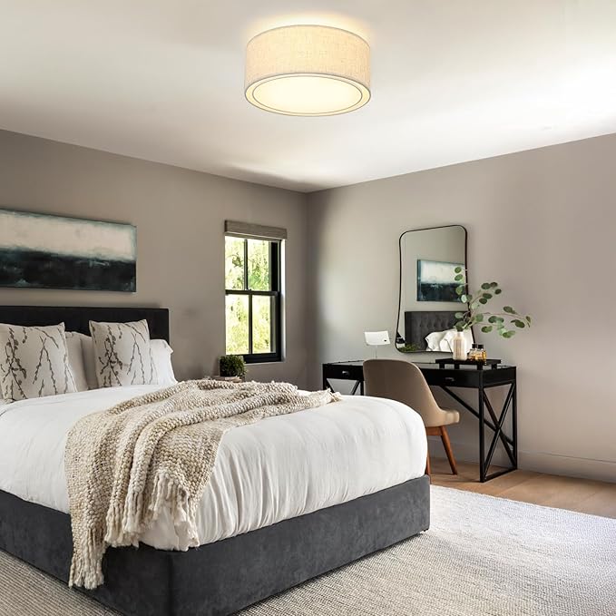 Luupyia 12.59 Inches Fabric Drum Ceiling Light Fixture, 3-Lights White Simple Semi Flush Mount Ceiling Lights with Double Fabric Shade, Drum Overhead Lighting for Bedroom Hallway E26, 60W