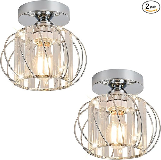 Semi Flush Mount Crystal Ceiling Light, Metal Cage Hallway Ceiling Lamps, Farmhouse Ceiling Light Fixture, Industrial Crystal Chandelier for Corridor Bathroom Kitchen (2, Chrome, 7.5 Inch)