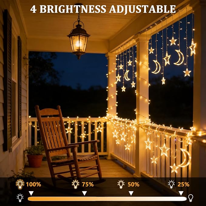 138 LED Star Moon Lights, Twinkle Christmas Curtain String Lights with 8 Modes, Battery Operated Fairy Star Moon with Hooks, Hanging Decor for Ramadan, Bedroom, Wedding, Warm White
