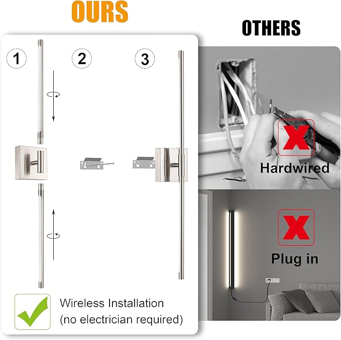 Morauroral Battery Operated Wall Sconces Set of 2, Dimmable Battery Wall Sconce with Remote Control, Sand-Nickel LED Rechargeable Sconces, 30 Inch Modern Wireless Wall Lights for Bedroom, Living Room