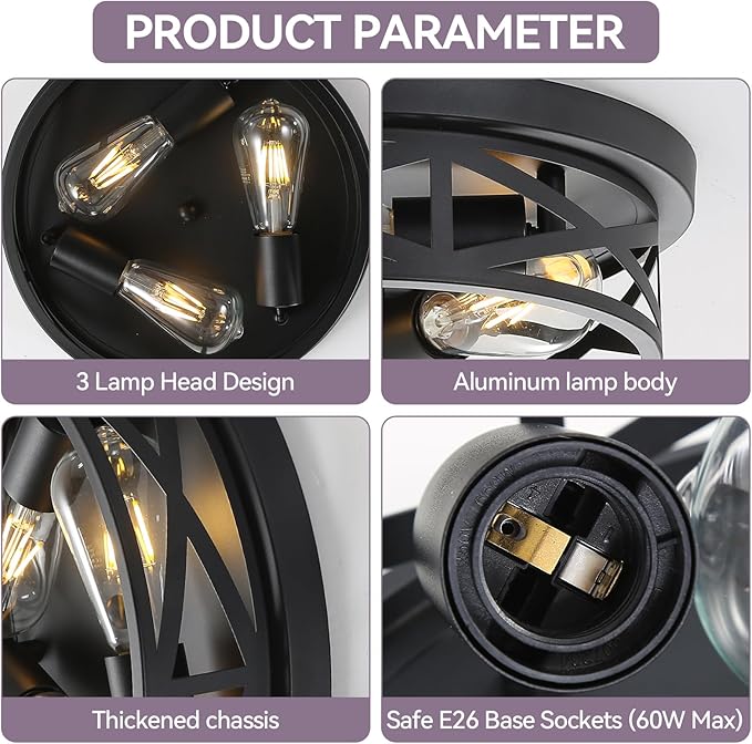 13 inch Black Flush Mount Ceiling Light Fixtures,3-Light Industrial Farmhouse Ceiling Light Fixture，Black Light Fixture Ceiling Mount for Kitchen Bedroom Living Room Hallway 1 Pack