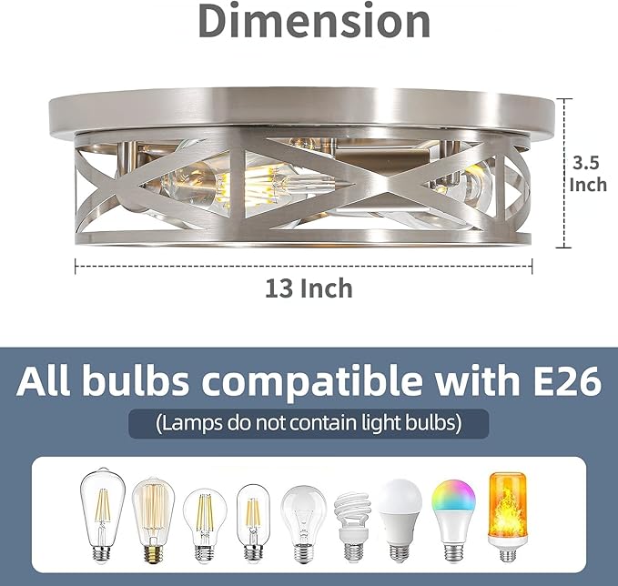13 Inch Brushed Nickel Flush Mount Ceiling Lights, Modern Cage Ceiling Light Fixture E26 Base Indoor Metal Kitchen Ceiling Lights for House Hallway Bedroom Living Room Laundry, 2 Pack