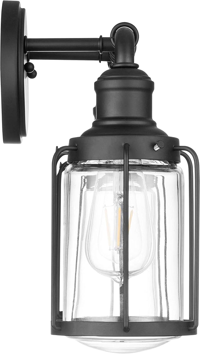 Prominence Home Lincoln Woods 2 Light Matte Black Industrial Bathroom Vanity Light with Cage and Clear Glass - 51544-01