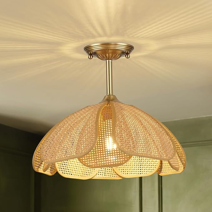 14" Boho Rattan Ceiling Light Fixture, Gold Semi Flush Mount Wicker Lamp with Hand-Woven Petal Shade, Modern Rustic Bohemian Lighting for Bedroom Living Room Kitchen Dining Room Hallway