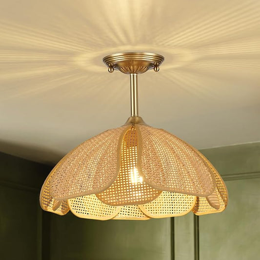 14" Boho Rattan Ceiling Light Fixture, Gold Semi Flush Mount Wicker Lamp with Hand-Woven Petal Shade, Modern Rustic Bohemian Lighting for Bedroom Living Room Kitchen Dining Room Hallway