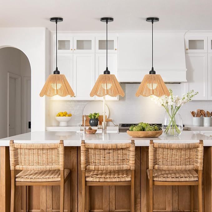Boho Battery Operated Pendant Lights,Rechargeable Pendant Light with Remote,Rattan Pendant Light Fixtures for Kitchen Island,Boho Hanging Lights for Dining Room Bedroom Hallway Entryway(2 Pack)