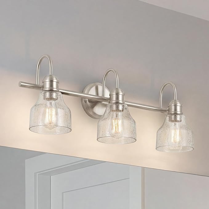 Kichler Avery 24" Vanity Bath Light in Brushed Nickel, Vintage 3-Light Bathroom Wall Mount Fixtured with Clear Seeded Glass, (24" W x 9.25" H), 45973NI