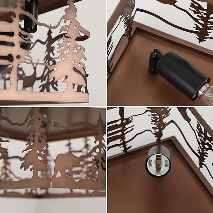 11" Rustic Farmhouse Flush Mount Ceiling Light, 2-Light Metal Fixture with Deer & Bear Design, Square Vintage Industrial Metal Cage Light Perfect for Kitchen, Foyer, Bedroom