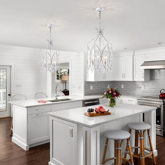 WUZUPS Lantern Pendant Chandelier Rustic Metal Cage Light Modern Lighting Fixture for Kitchen Diningroom Bathroom Livingroom, H 25.4" x W 14.2", E12 Base, Anqitue Whiute