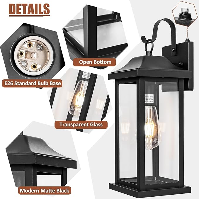 Dusk to Dawn Large Outdoor Wall Light 17 Inch, Exterior Light Fixture Porch Light with Tempered Clear Glass, IP65 Waterproof Anti-Rust Outside Wall Sconce Matte Black Wall Lantern, 1-Pack