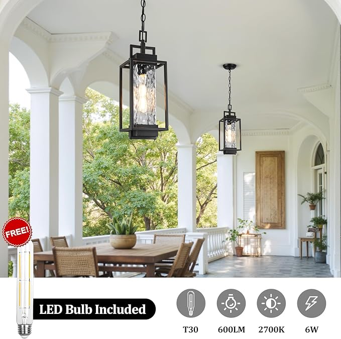 BesLowe 15” Outdoor Pendant Light with LED Bulb, Modern Hanging Lantern Light for Outside with Water Ripple Glass, Black Exterior Pendant Lighting Fixture, Outdoor Chandelier for Front Porch, Gazebo
