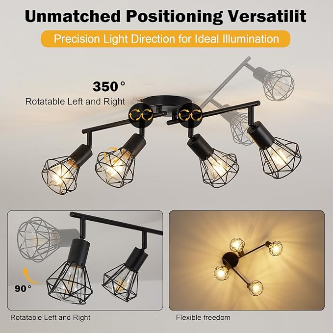 4-Light Track Lighting Fixtures Ceiling, Adjustable Black Track Light Fixture with Metal Wire Cage Farmhouse Chandelier for Dining Room,Kitchen, Bedroom, Hallway, E26 Base(Bulbs Not Included)