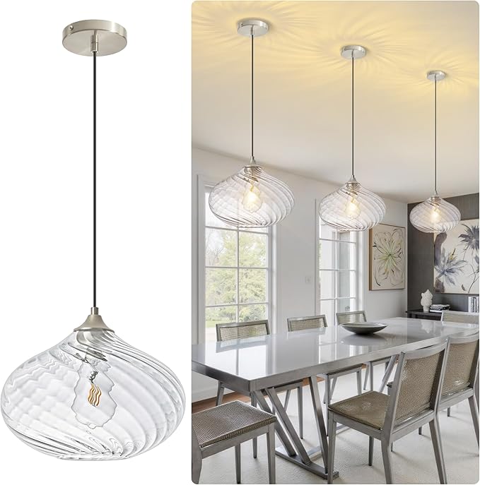 Glass Pendant Lights Kitchen Island, 11'' Brushed Nickel Pendant Lighting Fixtures, Modern Hanging Ceiling Light With Striped Clear Glass Shade for Farmhouse Dining Room Bedroom Hallway(1 Pack)