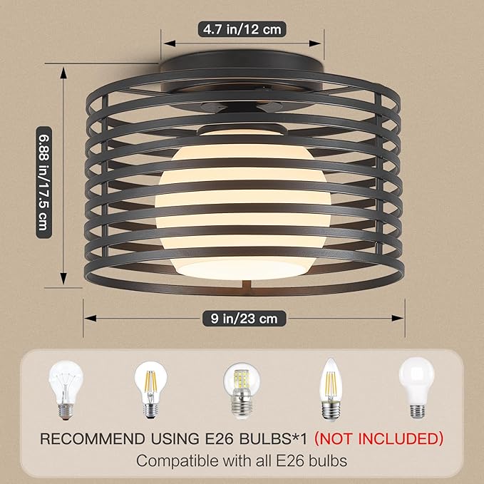 Modern Industrial Semi Flush Mount Ceiling Light, 1-Light Black Farmhouse Ceiling Light Fixture with Glass Shade, Hallway Lighting Fixture for Kitchen, Bedroom, Bathroom, Foyer, Laundry room 9.0in