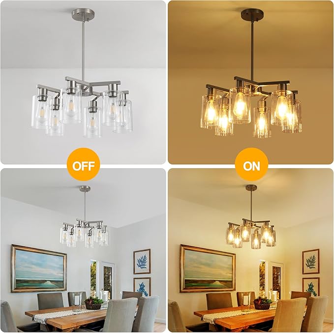 6-Light Farmhouse Brushed Nickel Chandelier,Modern Chandeliers for Dining Room Light Fixture Over Table,Adjustable Hanging Industrial Rustic Pendant Lights for Kitchen Island with Clear Glass Shade