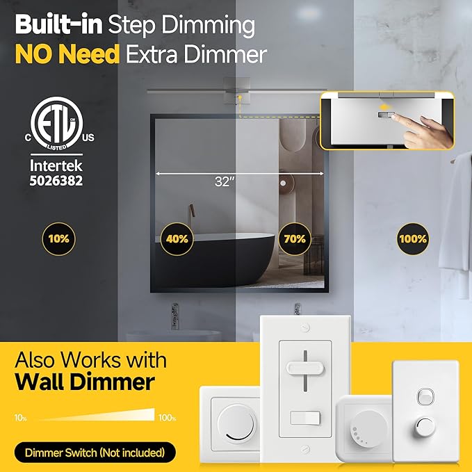 Vanity Lights 32 inch, 4-Level Brightness Built-in Dimmer, 18.5W Dimmable 5CCT Bathroom Light Fixtures Over Mirror, Baked Matte Grey Vanity Lights for Bathroom Mirror Bedroom-FCC & ETL