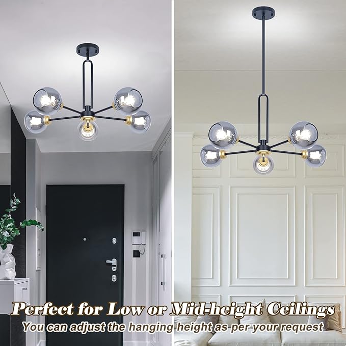 5-Light Globe Chandelier Pendant Lighting - Modern Large Semi-Flush Ceiling Light Fixture with Smoked Glass, Black Dining Room Light Fixture, Sputnik Light Fixture for Kitchen Living Room Bedroom