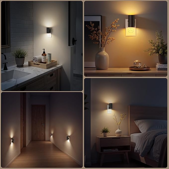 VOLISUN Night Light, Dimmable Led Night Lights Plug into Wall, Amber/3000K/4500K, 0-100LM Adjustable Brightness, Dusk to Dawn Nightlight for Hallway, Bathroom, Bedroom Black 4 Pack