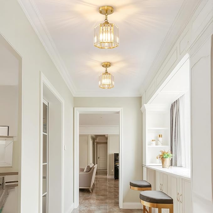 XSDeTu 1 Pack Gold Pendant Lights Kitchen Island, Modern Crystal Pendant Light Fixtures, 1-Light Small Farmhouse Chandelier, Adjustable Brass Hanging Light Fixture for Dining Room, Hallway, Bedroom