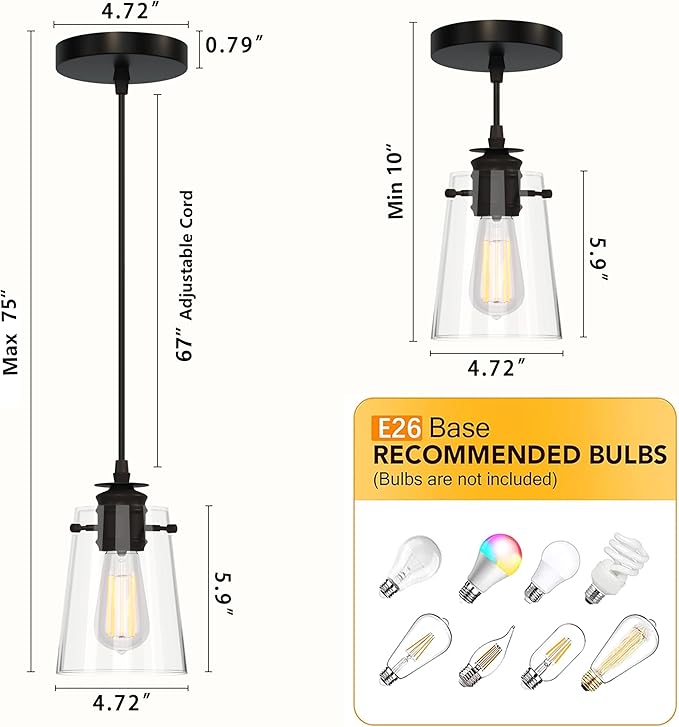 2Pack Pendant Lights Kitchen Island, Modern Industrial Pendant Light Fixtures with Glass Shade, E26 Socket Adjustable Cord for Dining Room, Bedroom, Living Room, Farmhouse Pendant Lighting