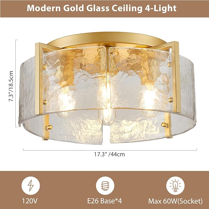 17.3" Modern Gold Semi Flush Mount Ceiling Light Fixture Glass 4-Light Close to Ceiling Lamp for Hallway Entryway Kitchen Island Dining Room Foyer Bedroom Laundry
