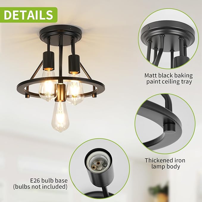Semi Flush Mount Ceiling Light 3-Light Ceiling Light Fixtures - Black Hallway Light Fixtures Farmhouse Industrial Kitchen Light Fixtures E26 Socket Ceiling Lamp for Foyer