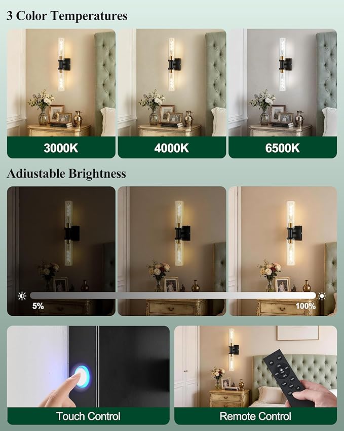 Black and Gold Wireless Battery Operated Wall Sconces Set of 2, Glass Rechargeable Wall Lamps with Remote, Cordless Battery Powered Decor Light Fixture for Bathroom Living room Bedroom Hallway