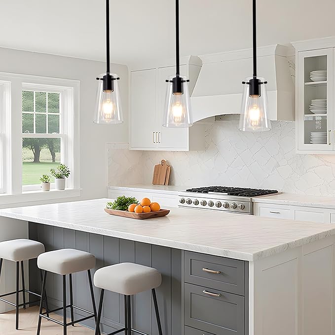 Pendant Light Fixtures, Matte Black Kitchen Ceiling Lights, Clear Glass Pendant Lights for Kitchen Island