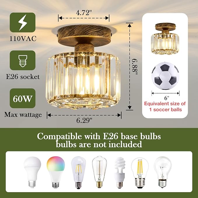 Piepooye 2 Pack Small Crystal Semi Flush Mount Ceiling Light Fixture Modern Bronze Mini Round Chandelier Metal E26 Ceiling Lamp for Hallway Bathroom Entryway Kitchen Closet
