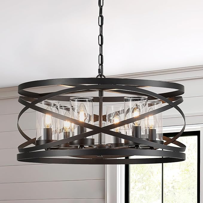 6-Light Farmhouse Drum Pendant Light,21.65'' Nature Wood Texture Vintage Rustic Chandeliers Black Metal Industrial Glass Shade Hanging Light Fixtures for Entryway, Bedroom Dining Room