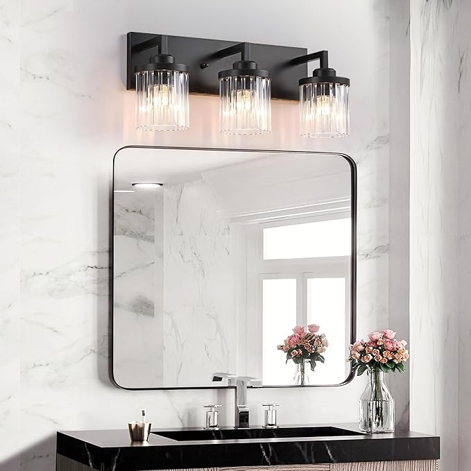 Modern Crystal Bathroom Light Fixtures, 3 Light Black Farmhouse Vanity Lights, with Crystal Glass Shade, Industrial Bathroom Lighting Fixtures Over Mirror Wall Light for Bedroom Living Room