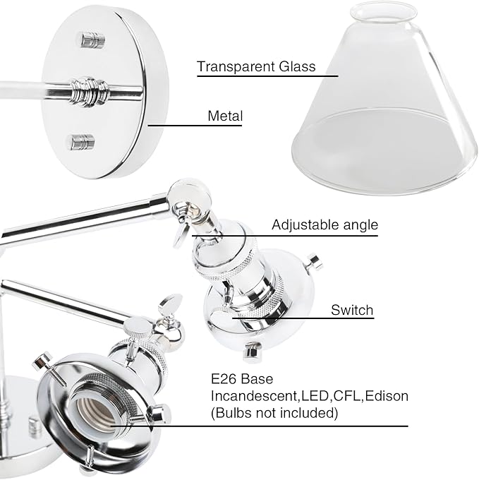 PERMO Double Sconce Chrome Industrial 2-Lights Wall Sconces with Funnel Flared Glass Clear Glass Shade Vanity Light for Bedroom (Chrome)