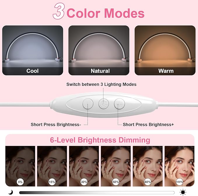 Half Moon Light for Nail Desk 20 inch Nail Desk Light Half Moon Lamp Portable Arch Lamp Dimmable with Foldable Bracket for Desk Salon Table Use, 3 Color Temperature