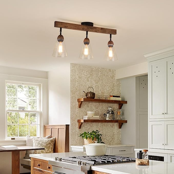 3-Light Large Rustic Farmhouse Wood Flush Mount Ceiling Light Fixture Clear Seeded Glass Shade and Oak Wood Track Semi Flush Mount Ceiling Light for Kitchen Living Room Bedroom Indoor, Black