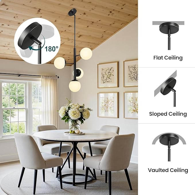 Modern Sputnik Chandelier Ceiling Light Fixture, 4-Light Semi Flush Mount Black Matte Chandelier with Globe Milky Frosted Glass Shade Adjustable Dining Room Sputnik Ceiling Light for Kitchen, Hallway
