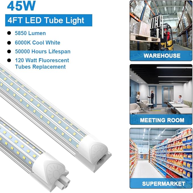 (25 Pack) 4FT LED Shop Light, 45W 5850LM 6000K Cool White, D-Shape, Linkable T8 LED Tube Lights 4FT, 4 Foot Shop Lights for Workshop, Garage, Warehouse, Basement, ETL Listed