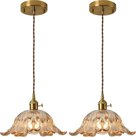 2 Pcs/Package Amber Glass Pendant Light Fixtures,Vintage/Antique Champagne Gold Pendant Lights Kitchen Island over Sink/Table,Orange Pendant Glass Chandelier for Bedroom Hotel Dining Room Hanging Down