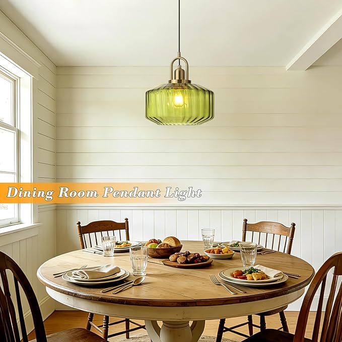 11.8in Mid Century Modern Green Glass Pendant Light Fixture, Large Gold Kitchen Island Pendants Light Glass Ceiling Hanging Lamp for Foyer Dining Room Bedroom Entryway Hallway Over Sink