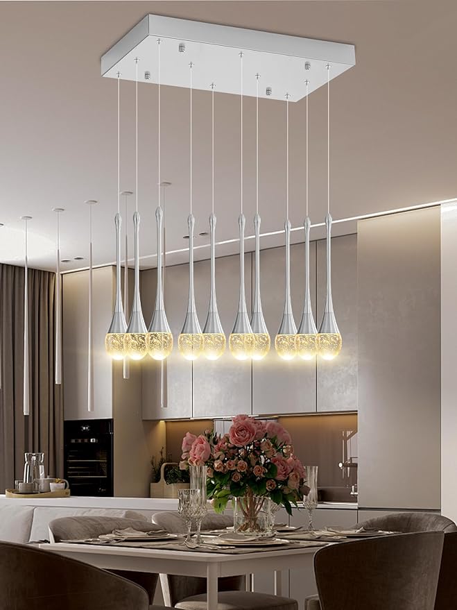 ykolupty Rectangular Chandeliers for Living Room Silver Dining Room Lights Fixture Raindrop Pendant Lights Kitchen Island Crystal Chandelier for Staircase Hallway Foyer Entryway