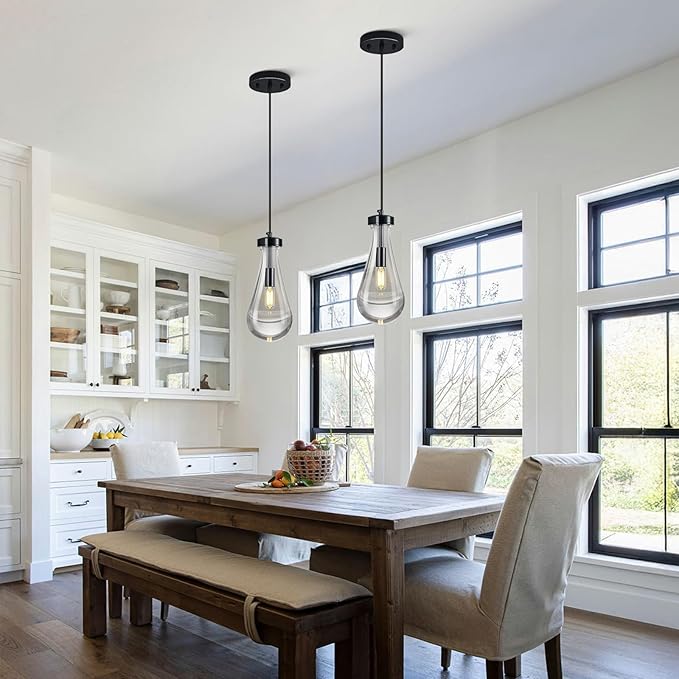 Raindrop Pendant Lights Kitchen Island Teardrop PlatingBlack Hanging Light Fixtures Clear Solid Glass Pendant Light Modern Chandeliers for Dining Room Porch Corridor Living Room(Black 2-Pack)