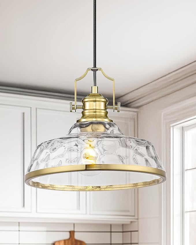 kudos Gold Pendant Lights Kitchen Island, 11" Brass Kitchen Island Lighting with Clear Hammered Glass Shade, Farmhouse Hanging Light Fixture for Kitchen Sink Dining Room Hallways, KDPL13-GD-H