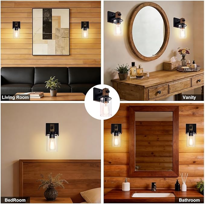 Rustic Wall Sconces Set of 2,Hardwired 1-Light Brown Wood Farmhouse Sconce with Clear Glass Cylinder Shade,Matte Black Metal Wall Light,E26 Indoor Bathroom Vanity Fixture for Mirror,Bedroom,Hallway
