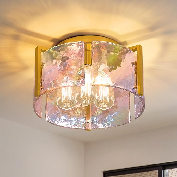 Brushed Gold Semi Flush Mount Ceiling Light Fixture, 14.1'' Modern Drum Glass Hallway Ceiling Light Fixtures, Mid Century Kitchen Lights for Entryway Foyer Dining Room Table Bathroom Bedroom Laundry