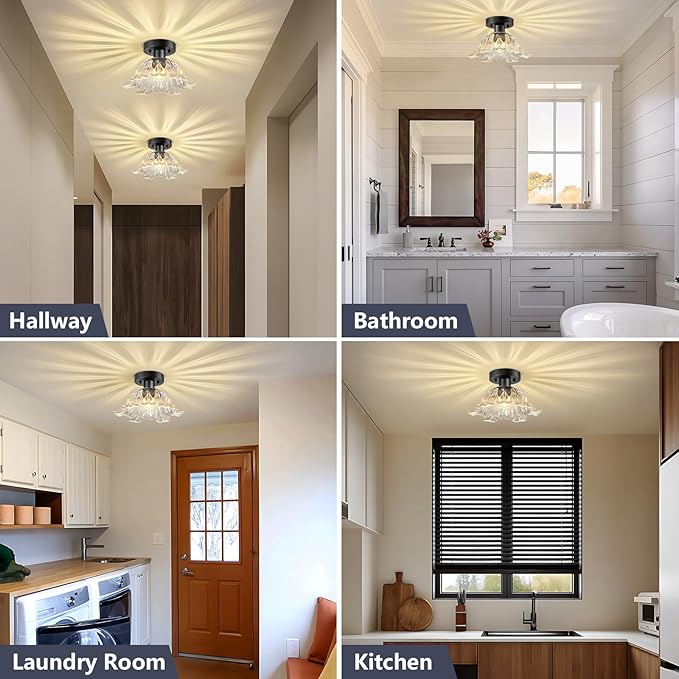 Modern Flower Glass Ceiling Light, Mid-Century Lighting Fixtures, Black Semi Flush Mount Ceiling Light for Hallway, Kitchen, Laundry Room, Bathroom, Entryway, 11 in