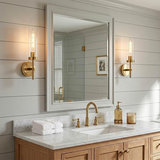Hardwired Gold Wall Sconces Set of 2, Modern Bathroom Sconces Wall Lighting Vanity Light Fixtures with Clear Glass, Brushed Brass Wall Decor Lights for Mirror Living Room Bedroom Hallway Stairwell