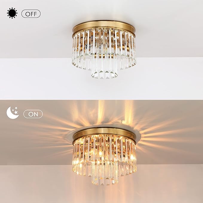 Crystal Flush Mount Ceiling Light Gold Finish 2-Tier Crystal Close to Ceiling Light Fixture for Living Room Bedroom Dinning Room Hallway