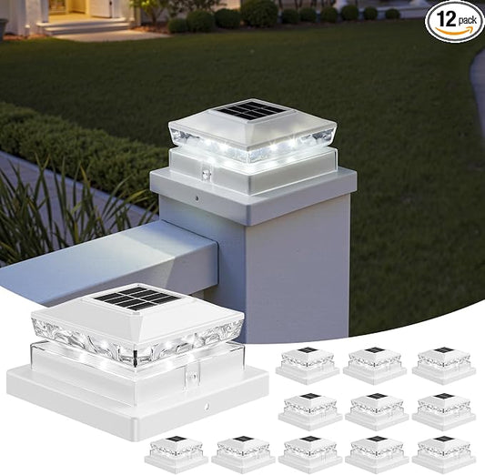 Solar Post Cap Lights, 6500K Cool White IP65 Waterproof Solar Powered Fence Light for 4x4 Wood Post & 5x5 Vinyl Fence, Deck Patio Garden Yard Outdoor Landscape Lighting, ABS Material