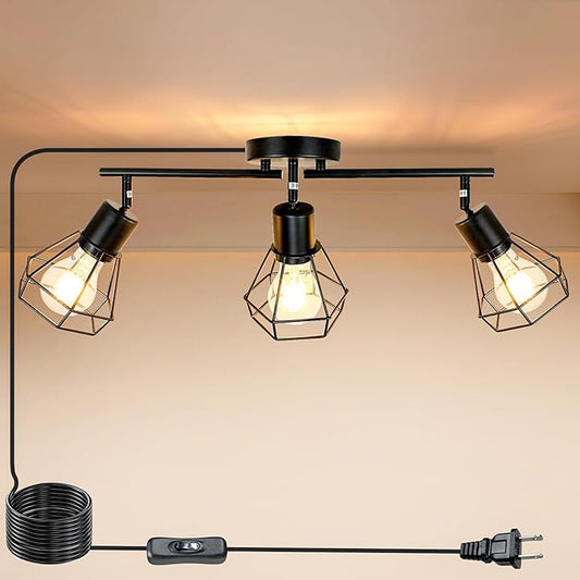 HiBay Track Lighting Plug in, 3-Light Directional Ceiling Light Fixture Black, Farmhouse Plug-in Track Light E26 Wall Spotlight with 16.4ft Cord & in-Line On/Off Switch for Kitchen Dining Room