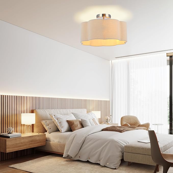 Newrays 3-Light Semi Flush Mount Ceiling Light Fixture, Fabric Shade Modern Close to Ceiling Lamp for Nursery Kids Room Bedroom Kitchen Hallway Entryway with 3PCS LED Bulbs (Linen)