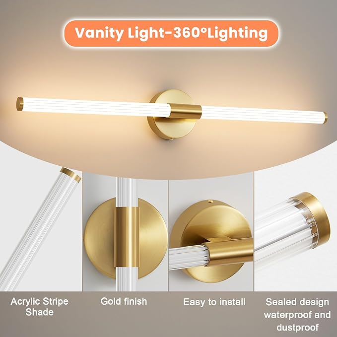 Glod Wall Sconces Set of 2 Hardwired, Dimmable 5CCT LED Bathroom Light Fixtures Over Mirror, 360° Full Lighting 31" Long Vanity Light Bar Modern Wall Sconce for Bathroom Bedroom Living Room